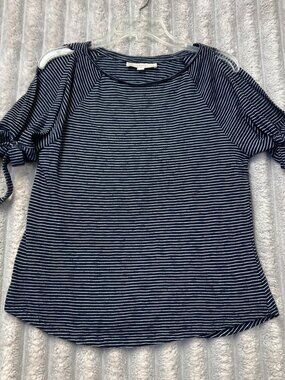 Loft by Ann Taylor Black and White Striped Top Size Medium Short Sleeve w/ Ties
